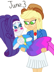 Size: 1280x1716 | Tagged: safe, artist:horroraceman93, applejack, rarity, equestria girls, festival looks, g4, blushing, bridal carry, carrying, duo, female, hat, lesbian, pride month, ship:rarijack, shipping, simple background, transparent background