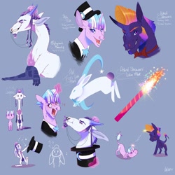 Size: 1600x1600 | Tagged: safe, artist:qatsby, oc, oc only, oc:astral showers, oc:hat trick, oc:malignant beauty, draconequus, hybrid, pony, rabbit, animal, beard, blue background, facial hair, hat, height difference, interspecies offspring, magic trick, magical lesbian spawn, next generation, offspring, parent:discord, parent:rainbow dash, parent:rarity, parent:starlight glimmer, parent:tempest shadow, parent:trixie, parents:raricord, parents:startrix, parents:tempestdash, simple background, tongue out, top hat