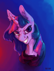 Size: 1500x2000 | Tagged: safe, artist:danton-y17, twilight sparkle, pony, unicorn, g4, abstract background, bust, evil smile, female, grin, looking at you, mare, smiling, solo, three quarter view, unicorn twilight, wicked