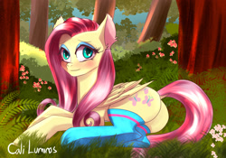 Size: 2248x1575 | Tagged: safe, artist:cali luminos, fluttershy, pegasus, pony, g4, blushing, butt, clothes, cute, female, flower, folded wings, forest, looking at you, mare, outdoors, plot, prone, shy, smiling, solo, stockings, thigh highs, tree, wings