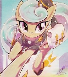 Size: 1801x2048 | Tagged: safe, artist:025aki, golden hooves (g4), crystal pony, earth pony, pony, g4, bag, blushing, female, hat, looking at you, mare, saddle bag, solo, traditional art