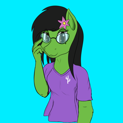 Size: 1000x1000 | Tagged: safe, artist:darnelg, oc, oc only, oc:prickly pears, earth pony, anthro, beauty mark, clothes, female, flower, flower in hair, glasses, looking at you, rule 63, shirt