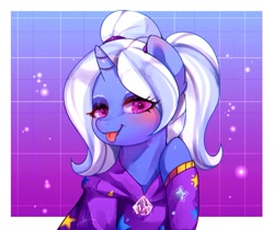 Size: 1163x975 | Tagged: safe, artist:riukime, trixie, pony, unicorn, g4, :p, alternate hairstyle, babysitter trixie, blushing, clothes, female, hoodie, looking at you, mare, pigtails, solo, tongue out, twintails