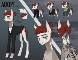 Size: 2939x2248 | Tagged: safe, artist:kustarnikov, oc, oc only, oc:platinum pierce, earth pony, pony, bedroom eyes, clothes, coat, eyebrow piercing, grin, high res, hoodie, jacket, male, markings, necktie, piercing, reference sheet, shirt, smiling, solo, stallion, suit, sweater, t-shirt, tattoo, tongue piercing