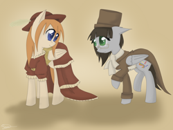 Size: 2048x1536 | Tagged: safe, artist:askponybrandenburg, pegasus, pony, brandenburg, clothes, dress, duo, female, glasses, hat, hetalia, looking at each other, mare, ponified, raised hoof, scarf, top hat