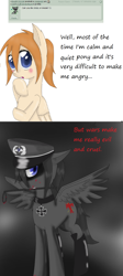 Size: 940x2104 | Tagged: safe, artist:askponybrandenburg, pegasus, pony, ask, blood, brandenburg, cross, female, hat, hetalia, jewelry, latex, latex boots, mare, necklace, ponified, riding crop, thinking