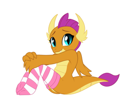Size: 1413x1231 | Tagged: dead source, safe, artist:hairgrape, smolder, dragon, g4, adorasexy, ass, butt, clothes, cute, dragoness, female, long socks, sexy, show accurate, simple background, sitting, smolderbetes, sock fetish, socks, solo, striped socks, thigh highs, white background