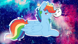 Size: 640x360 | Tagged: safe, artist:shinningblossom12, rainbow dash, pegasus, pony, g4, female, looking at you, music notes, prone, solo, space, whistle, whistling