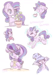 Size: 1240x1754 | Tagged: safe, artist:wavecipher, phyllis, starlight glimmer, pony, unicorn, g4, accessory theft, cape, clothes, cup, female, glass, hat, heart, magic, magic aura, solo, starlight wearing trixie's hat, straw, table, teacup, text, trixie's cape, trixie's hat