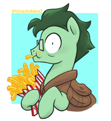 Size: 1280x1398 | Tagged: safe, artist:virtualkidavenue, oc, oc only, oc:dimbulb, earth pony, pony, bust, clothes, earth pony oc, eating, food, french fries, glasses, male, solo, stallion