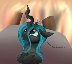 Size: 1800x1600 | Tagged: safe, artist:huffy26, queen chrysalis, changeling, changeling queen, g4, atg 2019, blatant lies, cute, cutealis, female, fire, newbie artist training grounds, solo