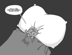 Size: 1449x1104 | Tagged: safe, artist:pencils, trixie, pony, unicorn, g4, bed, cute, dialogue, diatrixes, female, in bed, mare, mimir, on back, pillow, smol, solo