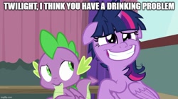 Size: 888x499 | Tagged: safe, edit, edited screencap, editor:twi clown, screencap, spike, twilight sparkle, alicorn, dragon, pony, a trivial pursuit, g4, caption, cute, cute little fangs, duo, fangs, female, floppy ears, grin, image macro, implied alcoholism, male, mare, meme, messy mane, smiling, text, twilight snapple, twilight sparkle (alicorn), winged spike, wings, worried