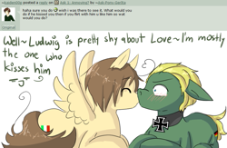 Size: 843x548 | Tagged: safe, artist:ask-pony-gerita, earth pony, pegasus, pony, ask, eyes closed, female, hetalia, jewelry, kissing, male, mare, necklace, ponified, prone, stallion