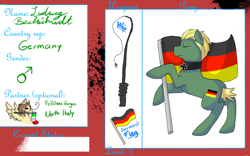 Size: 900x563 | Tagged: safe, artist:ask-pony-gerita, earth pony, pegasus, pony, base used, eyes closed, female, flag, germany, hetalia, jewelry, male, mare, necklace, ponified, rearing, reference sheet, stallion, whip