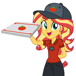 Size: 1024x1024 | Tagged: safe, artist:emeraldblast63, sunset shimmer, equestria girls, g4, cap, female, food, hat, looking at you, open mouth, pizza, pizza box, pizza delivery, simple background, solo, tomato, transparent background