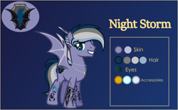 Size: 4000x2469 | Tagged: safe, artist:n0kkun, oc, oc only, oc:night storm (ice1517), bat pony, pony, bat pony oc, bat wings, blue background, ear piercing, earring, eyebrow piercing, grin, jewelry, male, multicolored hair, necklace, piercing, reference sheet, ring, simple background, smiling, solo, stallion, tattoo, wedding ring, wings