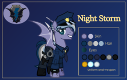 Size: 3999x2507 | Tagged: safe, alternate version, artist:n0kkun, oc, oc only, oc:night storm (ice1517), bat pony, pony, bat pony oc, bat wings, blue background, boots, clothes, cuffs, ear piercing, earring, eyebrow piercing, grin, gun, handgun, hat, high res, holster, jewelry, male, multicolored hair, necklace, necktie, pants, piercing, police, police hat, police officer, police uniform, reference sheet, revolver, ring, shirt, shoes, simple background, smiling, solo, stallion, tattoo, watch, weapon, wedding ring, wings, wristwatch