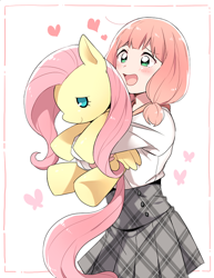 Size: 652x843 | Tagged: safe, artist:re_ghotion, fluttershy, human, g4, afterglow (bang dream!), bang dream! (bandori!), blushing, clothes, crossover, cute, emiri katou, female, fluttershy plushie, heart, himari uehara, pixiv, plushie, skirt, voice actor joke