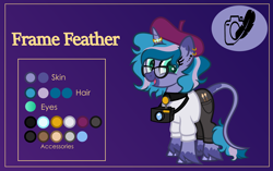 Size: 4000x2507 | Tagged: safe, alternate version, artist:n0kkun, oc, oc only, oc:feather frame, pony, unicorn, beret, brush, camera, choker, clothes, ear piercing, earring, female, glasses, hat, horn, horn ring, jeans, jewelry, leonine tail, mare, markings, multicolored hair, open mouth, paintbrush, pants, piercing, purple background, reference sheet, ring, simple background, solo, sweater, unshorn fetlocks, wedding ring