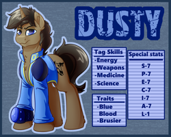 Size: 4000x3200 | Tagged: safe, artist:witchtaunter, oc, oc only, oc:dusty, pony, unicorn, fallout equestria, clothes, commission, jacket, male, reference sheet, solo, stallion, statistics