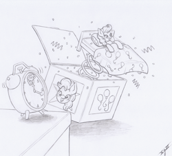 Size: 2570x2335 | Tagged: safe, artist:xeviousgreenii, pinkie pie, earth pony, pony, g4, alarm clock, atg 2020, bed, clock, high res, jack-in-the-box, monochrome, newbie artist training grounds, solo, traditional art