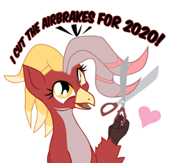 Size: 2000x1875 | Tagged: safe, artist:aaronmk, oc, oc:posada, classical hippogriff, hippogriff, artist training grounds 2020, heart, hilarious in hindsight, hippogriff oc, newbie artist training grounds, quadrupedal, scissors, simple background, talking to viewer, text, vector, white background