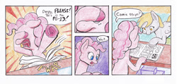 Size: 990x473 | Tagged: safe, artist:lost marbles, derpy hooves, pinkie pie, earth pony, pegasus, pony, comic:derpy - stripper extraordinaire, g4, colored, comic, comic strip, covering eyes, dialogue, misunderstanding, newspaper, peeking, underhoof