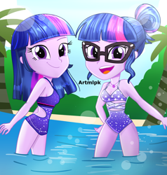 Size: 2000x2100 | Tagged: safe, artist:artmlpk, sci-twi, twilight sparkle, equestria girls, g4, alternate hairstyle, beach, breasts, cleavage, clothes, cute, digital art, duo, duo female, female, glasses, hair bun, high res, legs in the water, looking at you, open mouth, open-back swimsuit, palm tree, self paradox, sleeveless, smiling, smiling at you, summer, swimsuit, tree, twiabetes, twolight, watermark