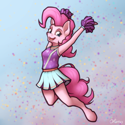 Size: 2000x2000 | Tagged: safe, artist:ohemo, pinkie pie, earth pony, anthro, unguligrade anthro, g4, abstract background, armpits, atg 2020, cheerleader, cheerleader outfit, clothes, female, high res, looking at you, mare, newbie artist training grounds, skirt, smiling, solo