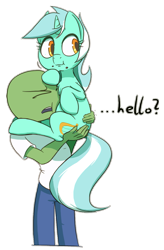Size: 767x1169 | Tagged: safe, artist:ikarooz, lyra heartstrings, oc, oc:anon, human, pony, unicorn, g4, atg 2020, carrying, cellphone, cheek squish, chest fluff, crumbs, dialogue, duo, female, holding a pony, mare, newbie artist training grounds, phone, pony pet, simple background, squishy cheeks, that pony sure does love humans, transparent background