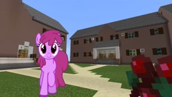Size: 1334x750 | Tagged: safe, artist:estories, artist:topsangtheman, berry punch, berryshine, earth pony, pony, g4, berry, food, house, looking at you, minecraft, offscreen character, photoshopped into minecraft, pov