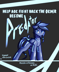 Size: 810x984 | Tagged: safe, artist:deafjaeger, oc, oc only, oc:sky gazer, pegasus, pony, augmented, cyberpunk, female, looking at you, poster, propaganda, solo, tattoo, the chronicles of order, wings, wings down