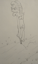 Size: 2442x4093 | Tagged: safe, artist:pianocube, starlight glimmer, pony, g4, atg 2020, female, monochrome, newbie artist training grounds, pencil drawing, pogo stick, solo, traditional art, unamused
