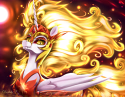 Size: 4188x3250 | Tagged: safe, artist:darksly, daybreaker, alicorn, pony, a royal problem, g4, armor, beautiful, crown, ear fluff, eyelashes, fangs, female, fire, flowing mane, flowing tail, glowing cutie mark, helmet, high res, horn, jewelry, large wings, lidded eyes, looking at you, majestic, mane of fire, mare, peytral, regalia, signature, slender, slit pupils, smiling, smiling at you, solo, sun, thin, wing armor, wings, yellow eyes