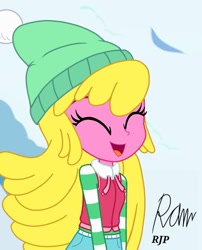 Size: 850x1050 | Tagged: safe, artist:rjp.rammy, cherry berry, human, equestria girls, g4, beanie, belt, clothes, equestria girls-ified, eyes closed, female, hat, jacket, jeans, open mouth, open smile, pants, sledding, smiling, snow, solo