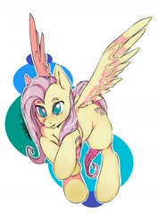 Size: 1280x1811 | Tagged: safe, artist:miphassl, fluttershy, pegasus, pony, g4, blushing, fanart, female, looking at you, mare, no pupils, open mouth, outline, simple background, smiling, solo, spread wings, white background, white outline, wings