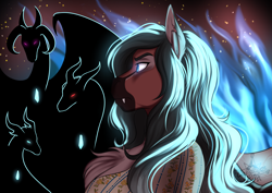 Size: 4051x2865 | Tagged: safe, artist:blackblood-queen, oc, oc only, oc:lady lovegreen, anthro, anthro oc, chest fluff, clothes, curved horn, digital art, fangs, female, fire, horn, mare, red eyes, silhouette, slit pupils, story in the source, torn ear