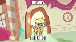 Size: 888x499 | Tagged: safe, derpibooru exclusive, edit, edited screencap, editor:icicle-niceicle-1517, screencap, applejack, earth pony, pony, g4.5, my little pony: pony life, the trail less trotten, applejack's hat, caption, cowboy hat, cute, door, female, hat, howdy, image macro, imgflip, jackabetes, mare, meme, open mouth, raised hoof, solo, text