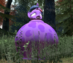 Size: 1046x892 | Tagged: safe, artist:thebigsquash47, twilight sparkle, hybrid, original species, plant pony, pony, unicorn, g4, 3d, blob, encasement, female, forest, gmod, grass, gritted teeth, immobile, inflation, neck roll, plant, plant transformation, poison blob, poison joke, solo, transformation, trapped, tree, wide eyes, worried