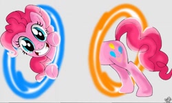 Size: 512x308 | Tagged: safe, artist:0pika-chan0, pinkie pie, earth pony, pony, g4, cute, diapinkes, female, grin, mare, now you're thinking with portals, portal, portal (valve), signature, smiling, solo