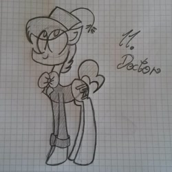 Size: 1080x1080 | Tagged: safe, artist:0pika-chan0, earth pony, pony, bowtie, clothes, doctor who, eleventh doctor, fez, graph paper, hat, male, ponified, solo, stallion, text, the doctor, traditional art