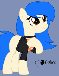 Size: 1916x2465 | Tagged: safe, artist:circuspaparazzi5678, oc, oc only, oc:coraline, earth pony, pony, base used, clothes, freckles, jacket, shirt, smiling, solo