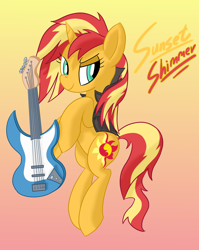 Size: 1594x2000 | Tagged: safe, artist:notadeliciouspotato, sunset shimmer, pony, unicorn, g4, alternate hairstyle, atg 2020, clothes, electric guitar, female, gradient background, guitar, jacket, mare, musical instrument, newbie artist training grounds, smiling, solo, text