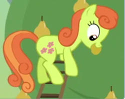 Size: 524x414 | Tagged: safe, screencap, pear blossom, earth pony, pony, g4, the perfect pear, background pony, cropped, female, food, mare, pear, pear family member, pear tree, solo