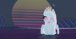 Size: 1920x1001 | Tagged: safe, oc, oc only, oc:princess-pancakes, alicorn, pony, aesthetic, alicorn oc, blushing, crown, horn, jewelry, ocean, purple, regalia, second life, sunset, synthwave, water, wings