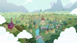 Size: 1280x720 | Tagged: safe, screencap, g4, background, canterlot castle, carousel boutique, cloud, cloudy, no pony, ponyville, ponyville schoolhouse, ponyville spa, ponyville town hall, sugarcube corner, sweet apple acres, sweet apple acres barn, tent, water fountain, windmill