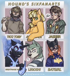 Size: 1080x1180 | Tagged: safe, artist:sugarr.hound, applejack, nightmare moon, alicorn, earth pony, human, pony, wolf, anthro, g4, anthro with ponies, axe, batgirl, beastars, bust, clothes, colored hooves, costume, crossover, dc comics, ethereal mane, fangs, female, goggles, helmet, hoof shoes, jaskier, legosi (beastars), looking back, male, mare, mask, out of frame, question mark, six fanarts, slenderman, starry mane, ticci-toby, weapon, witcher