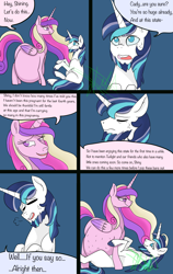 Size: 2400x3800 | Tagged: safe, artist:chelseawest, princess cadance, shining armor, alicorn, pony, unicorn, g4, bags under eyes, beard, bedroom eyes, comic, couple, cute, ethereal mane, ethereal tail, eye contact, facial hair, female, grey hair, high res, huge belly, husband and wife, hyper, hyper belly, hyper pregnancy, impossibly large belly, kicking, looking at each other, lying, lying down, lying on the ground, male, married couple, married couples doing married things, multiple pregnancy, older, on top, pregdance, pregnant, ship:shiningcadance, shipping, sigh, signature, sitting, speech, speech bubble, straddling, straight, sweat, talking, worried