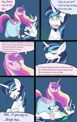 Size: 2400x3800 | Tagged: safe, alternate version, artist:chelseawest, princess cadance, shining armor, alicorn, pony, unicorn, g4, bags under eyes, beard, bedroom eyes, blushing, clothes, comic, couple, cute, dress, ethereal mane, ethereal tail, eye contact, facial hair, female, grey hair, high res, huge belly, husband and wife, hyper, hyper belly, hyper pregnancy, impossibly large belly, kicking, looking at each other, lying, lying down, lying on the ground, male, married couple, married couples doing married things, maternity dress, multiple pregnancy, older, on top, pregdance, pregnant, ship:shiningcadance, shipping, sigh, signature, sitting, speech, speech bubble, straddling, straight, sweat, talking, worried